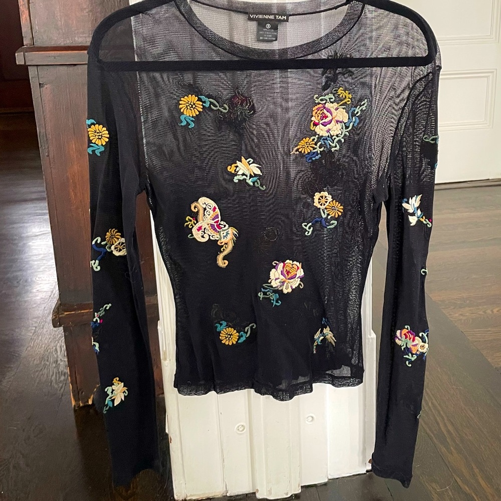 Vintage Vivianne Tam Black Sheer Mesh Floral Embroidered Long Sleeve top